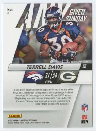 Terrell Davis football card from 2022 Panini Prestige Any Given Sunday showcased