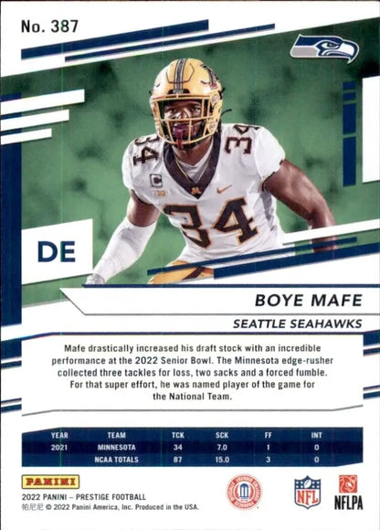 Boye Mafe football card from 2022 Panini Prestige Seattle Seahawks #387 NFL Base