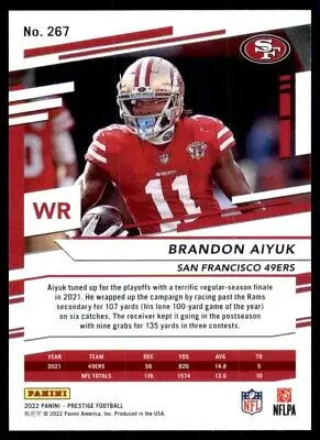 Brandon Aiyuk football card from 2022 Panini Prestige San Francisco 49ers #267