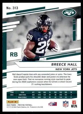 Breece Hall football card from 2022 Panini Prestige Rookie Sunburst Parallel New York Jets