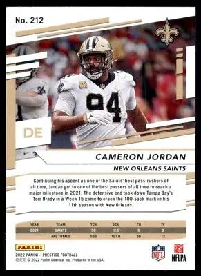 Cameron Jordan football card from 2022 Panini Prestige, New Orleans Saints #212