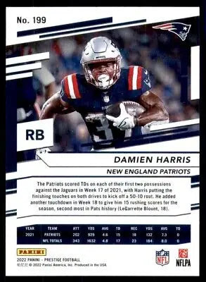 Damien Harris football card from 2022 Panini Prestige New England Patriots #199