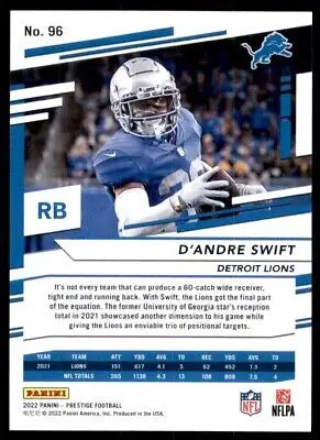 D’Andre Swift football card from 2022 Panini Prestige Detroit Lions #96, text-align center