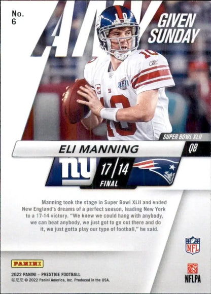 Eli Manning Panini Prestige football card New York Giants Any Given Sunday #6