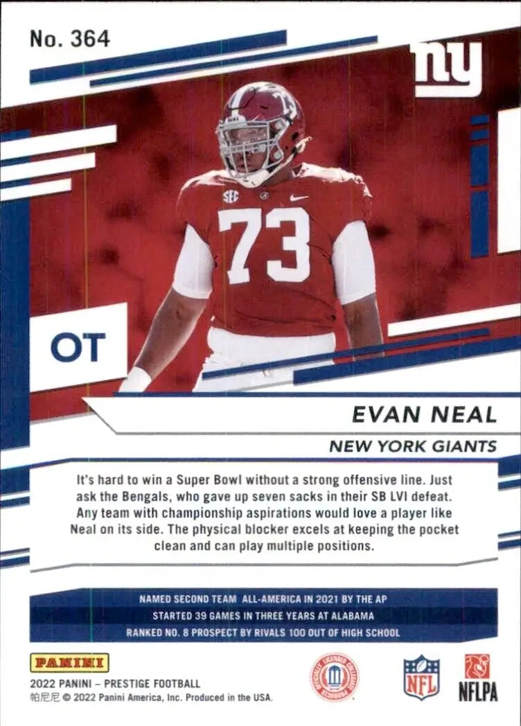 Evan Neal Rookie football card from 2022 Panini Prestige for New York Giants fans