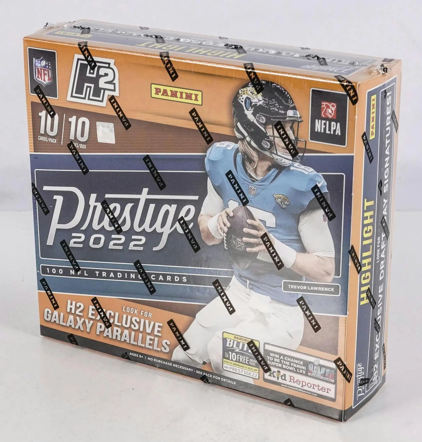 NFL Panini Prestige 2022 trading card box featuring galaxy parallels and a player in blue jersey