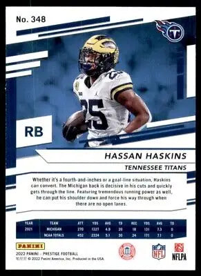 Football trading card of Hassan Haskins from 2022 Panini Prestige Tennessee Titans