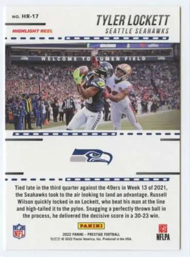 Tyler Lockett football card from 2022 Panini Prestige Highlight Reel with original gloss