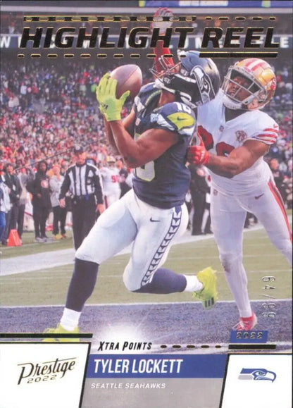 Tyler Lockett football card from 2022 Panini Prestige Highlight Reel Gold /99 Seahawks