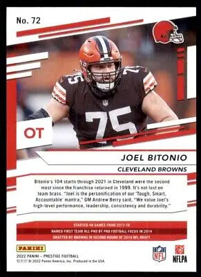 Joel Bitonio 2022 Panini Prestige football card featuring the Cleveland Browns #72