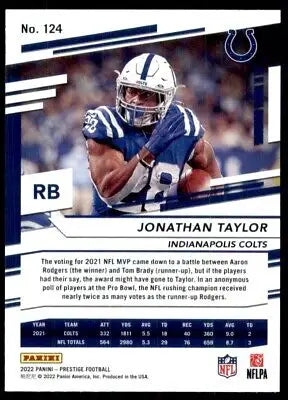 2022 Panini Prestige Jonathan Taylor Indianapolis Colts Football Card #124 displayed