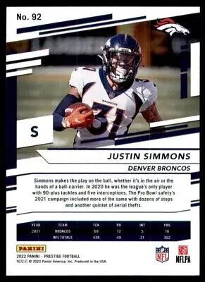 Football card of Justin Simmons from 2022 Panini Prestige Denver Broncos #92