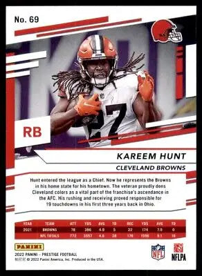 Kareem Hunt football card from 2022 Panini Prestige Cleveland Browns #69 centered display