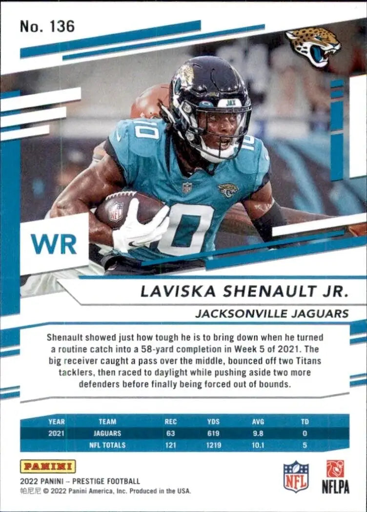 Laviska Shenault Jr. football card from 2022 Panini Prestige Astral Parallel #136