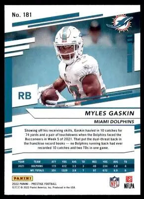 Myles Gaskin 2022 Panini Prestige Miami Dolphins football card #181 text-align center