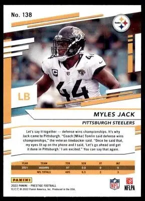 Myles Jack football card from 2022 Panini Prestige featuring Pittsburgh Steelers #138