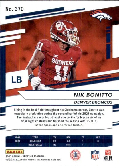 Nik Bonitto football card from 2022 Panini Prestige Rookie Denver Broncos NFL collection