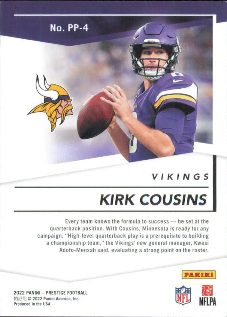 Kirk Cousins 2022 Panini Prestige Prestigious Pros football card Minnesota Vikings Green /249