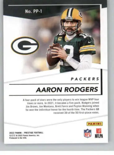 Aaron Rodgers football card from 2022 Panini Prestige Prestigious Pros with original gloss