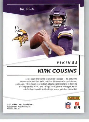 Kirk Cousins 2022 Panini Prestige Prestigious Pros football card with original gloss