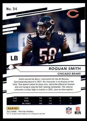 Roquan Smith football card from 2022 Panini Prestige Chicago Bears #54 with text-align center design