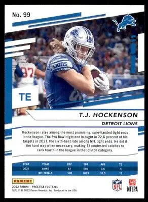 T.J. Hockenson football card from 2022 Panini Prestige Detroit Lions #99 displayed center