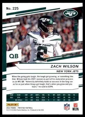 Zach Wilson football card from 2022 Panini Prestige New York Jets #225, text-align center