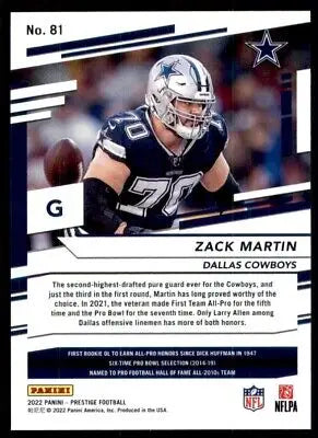 Zack Martin football card from 2022 Panini Prestige Dallas Cowboys #81 text-align center