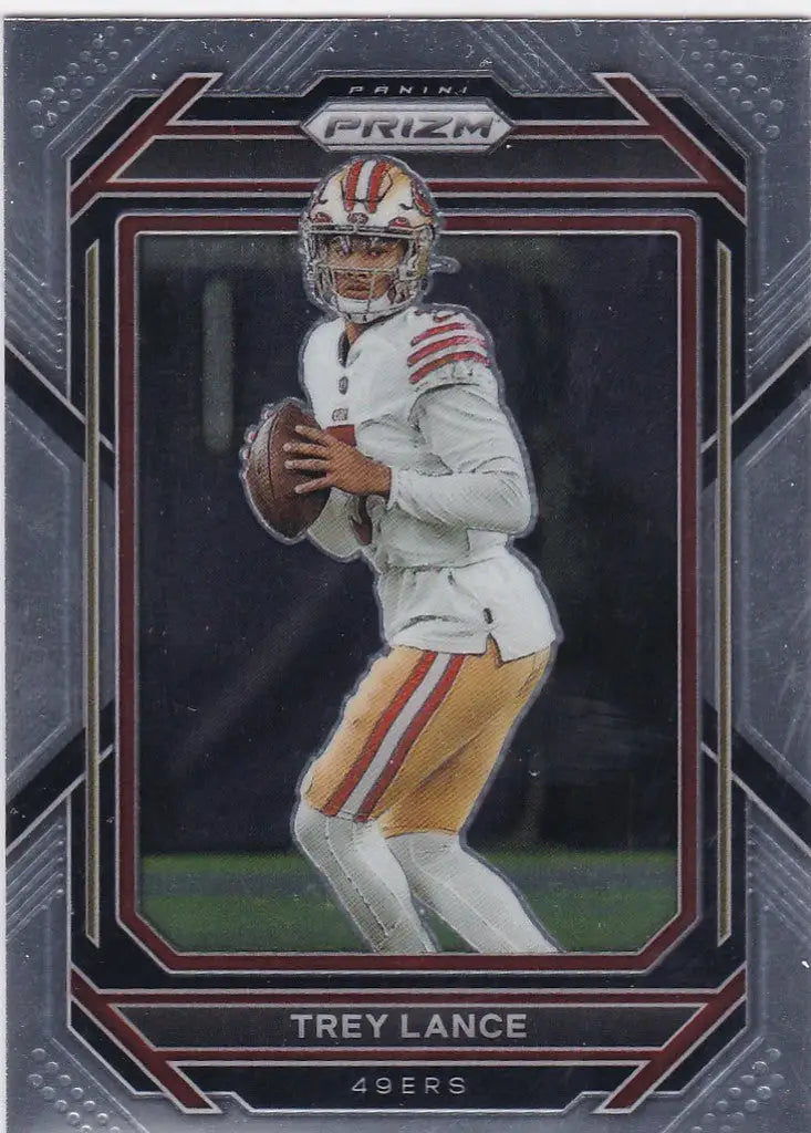 Football trading card of Trey Lance in white uniform for San Francisco 49ers Panini Prizm