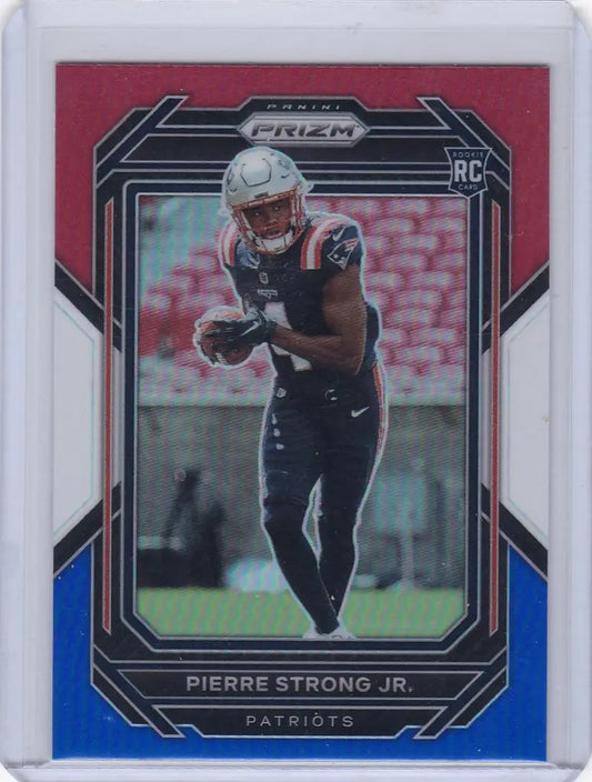 Football trading card of Pierre Strong Jr in running pose for New England Patriots Panini Prizm