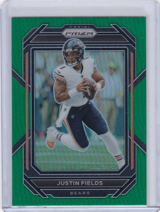 Football trading card of Justin Fields in white jersey, Panini Prizm Green RC Rookie