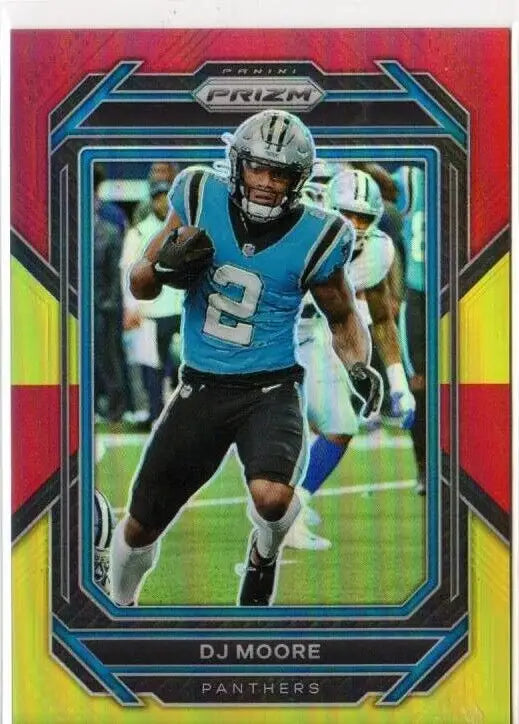 Red and blue bordered NFL trading card of D.J. Moore in Panini Prizm Red design