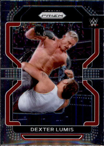 Prizm WWE trading card of Dexter Lumis performing an aerial maneuver in the ring