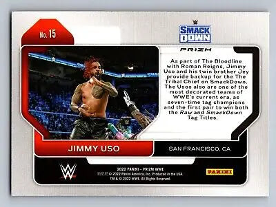 Jimmy Uso wrestling card from 2022 Panini Prizm WWE #15 Red White Blue Prizm