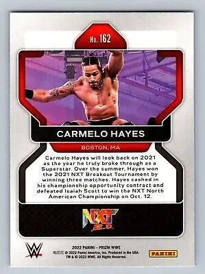 Carmelo Hayes wrestling card from 2022 Panini Prizm WWE #162 RC collectible series