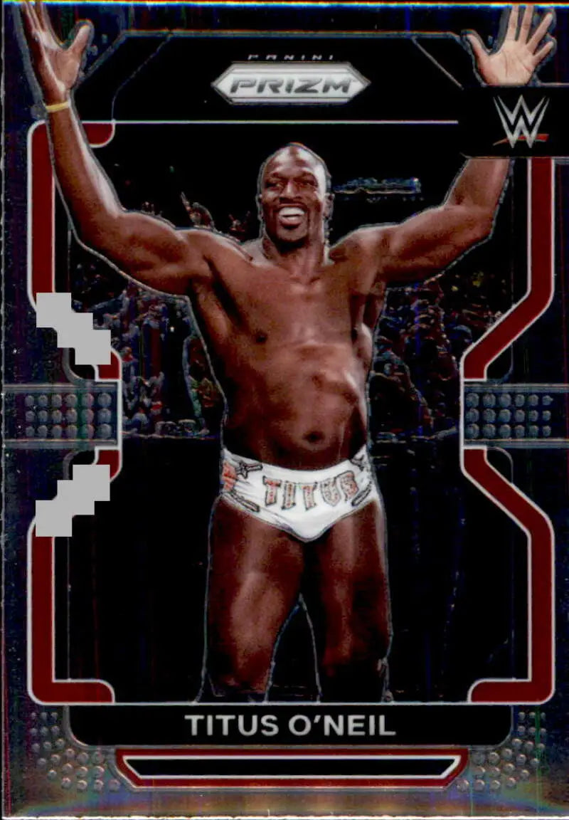 WWE trading card of Titus O’Neil in white trunks from 2022 Panini Prizm WWE collection