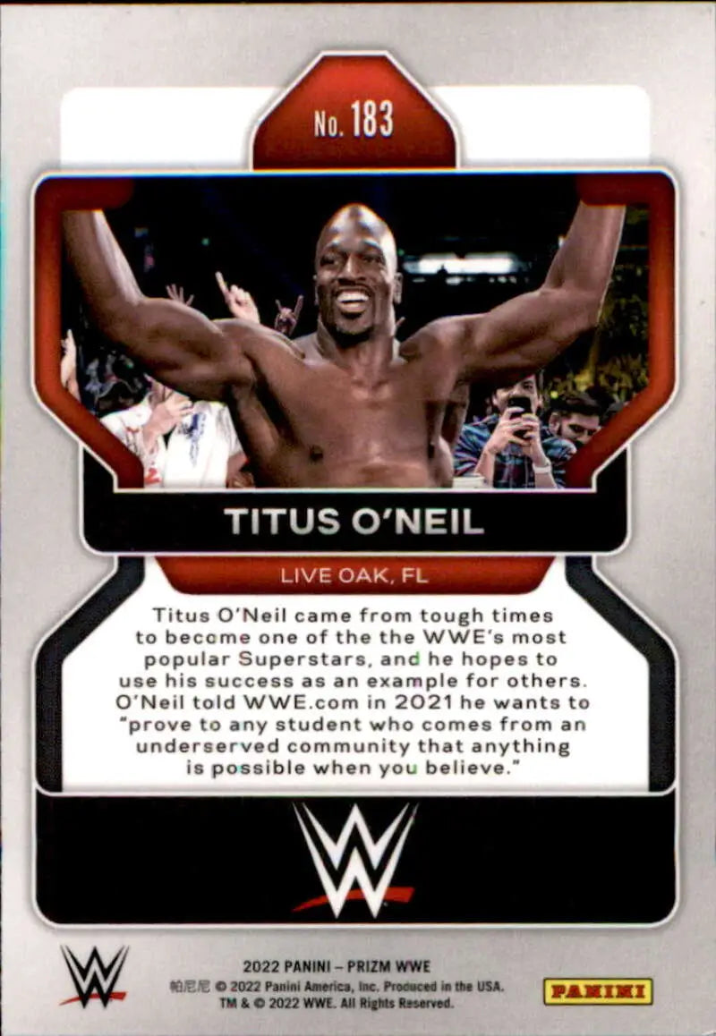 Wrestling trading card of Titus O’Neil celebrating from Panini Prizm WWE collection