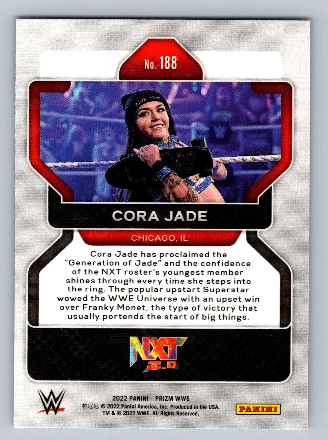 Cora Jade wrestling card from 2022 Panini Prizm WWE #188 RC collectible set