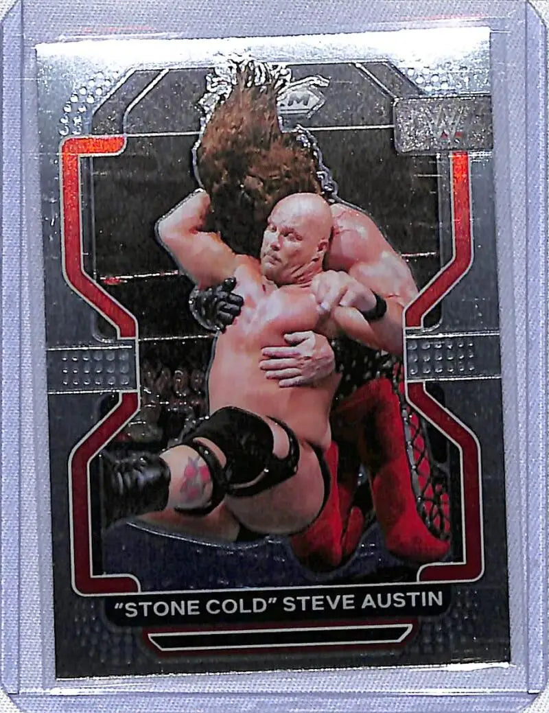 WWE trading card of Stone Cold Steve Austin in dynamic black and red metallic design