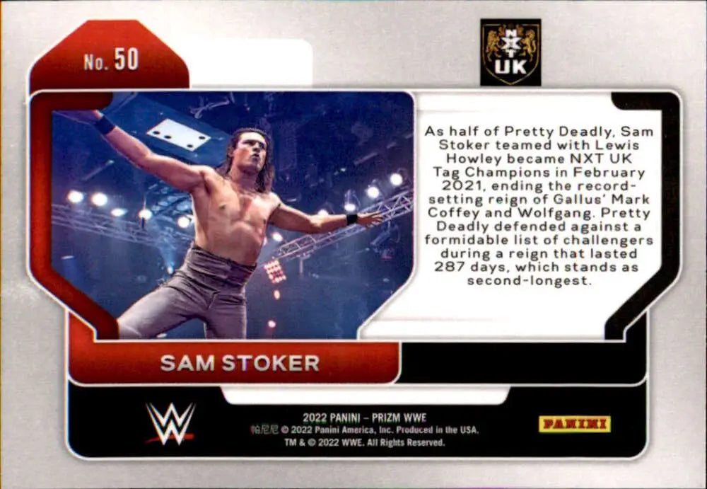 Sam Stoker performing a flying maneuver on 2022 Panini Prizm WWE trading card