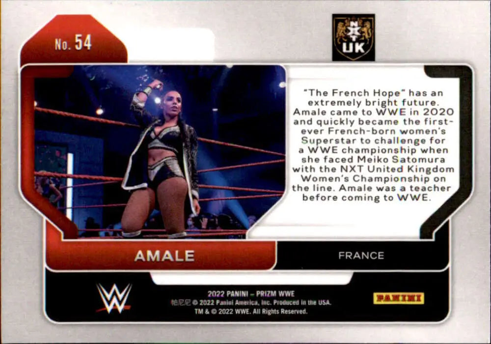 WWE trading card of Amale in blue outfit from 2022 Panini Prizm WWE #54 NXT UK