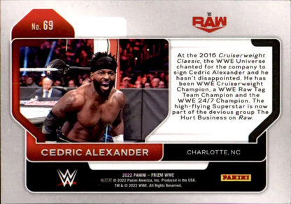 WWE trading card of Cedric Alexander in a black beanie from Panini Prizm WWE Raw