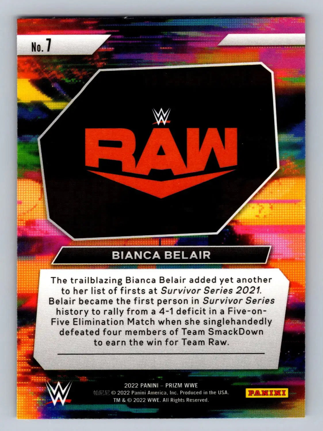 Bianca Belair WWE trading card from 2022 Panini Prizm WWE #7 Next Level collection