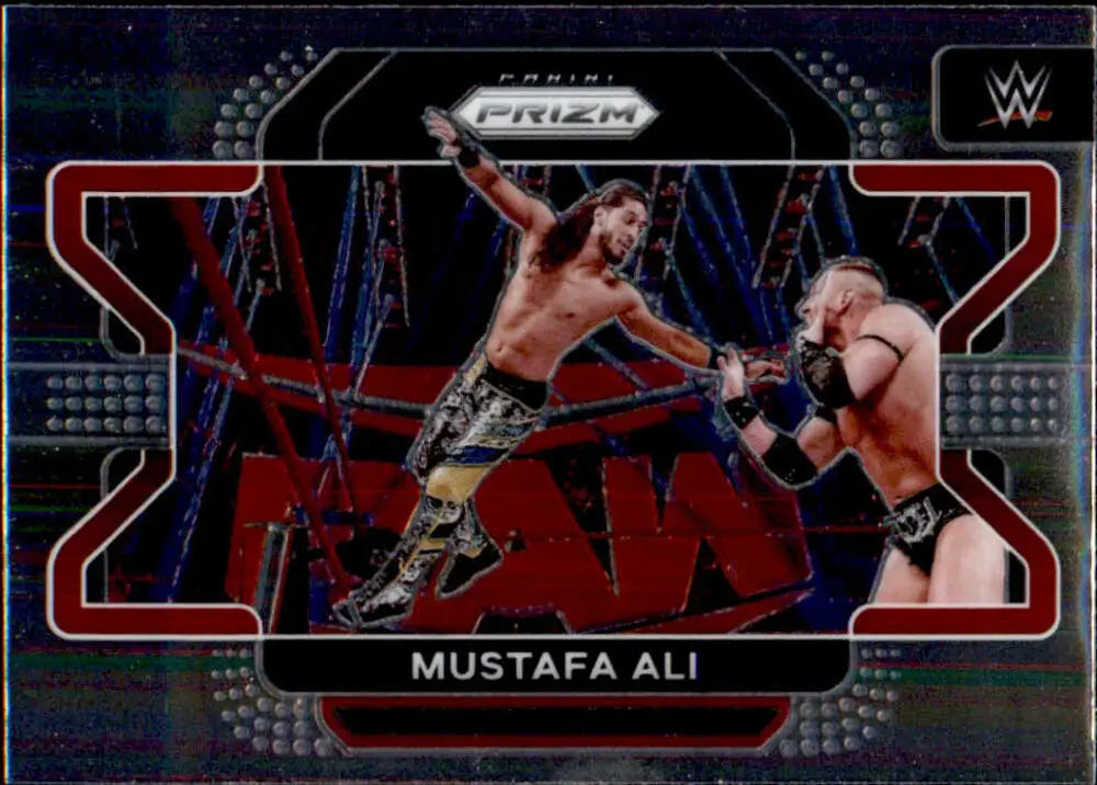 WWE Prizm trading card featuring Mustafa Ali SmackDown action shot with red RAW branding