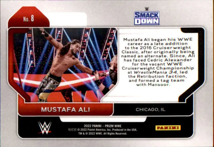 WWE trading card featuring Mustafa Ali in action from Panini Prizm SmackDown series