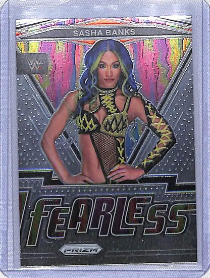 WWE trading card of Sasha Banks in colorful outfit from 2022 Panini Prizm set