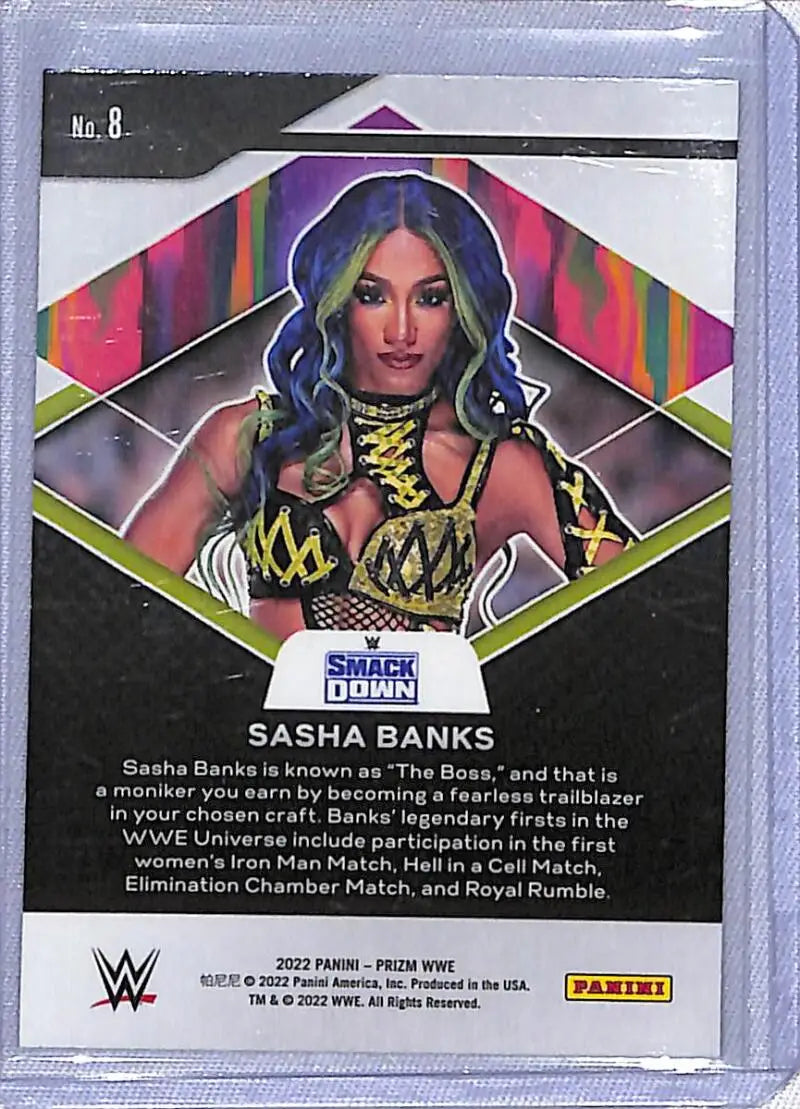 WWE trading card of Sasha Banks in Panini Prizm design against colorful geometric backdrop