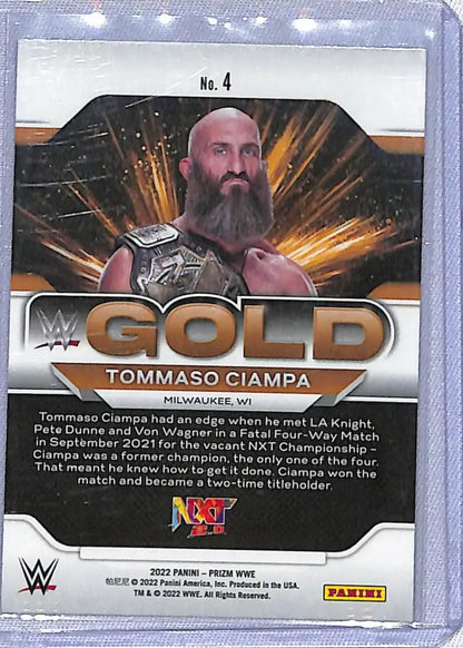 Tommaso Ciampa WWE Gold trading card from 2022 Panini Prizm with vibrant background