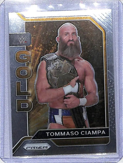 Tommaso Ciampa holding a championship belt on 2022 Panini Prizm WWE trading card