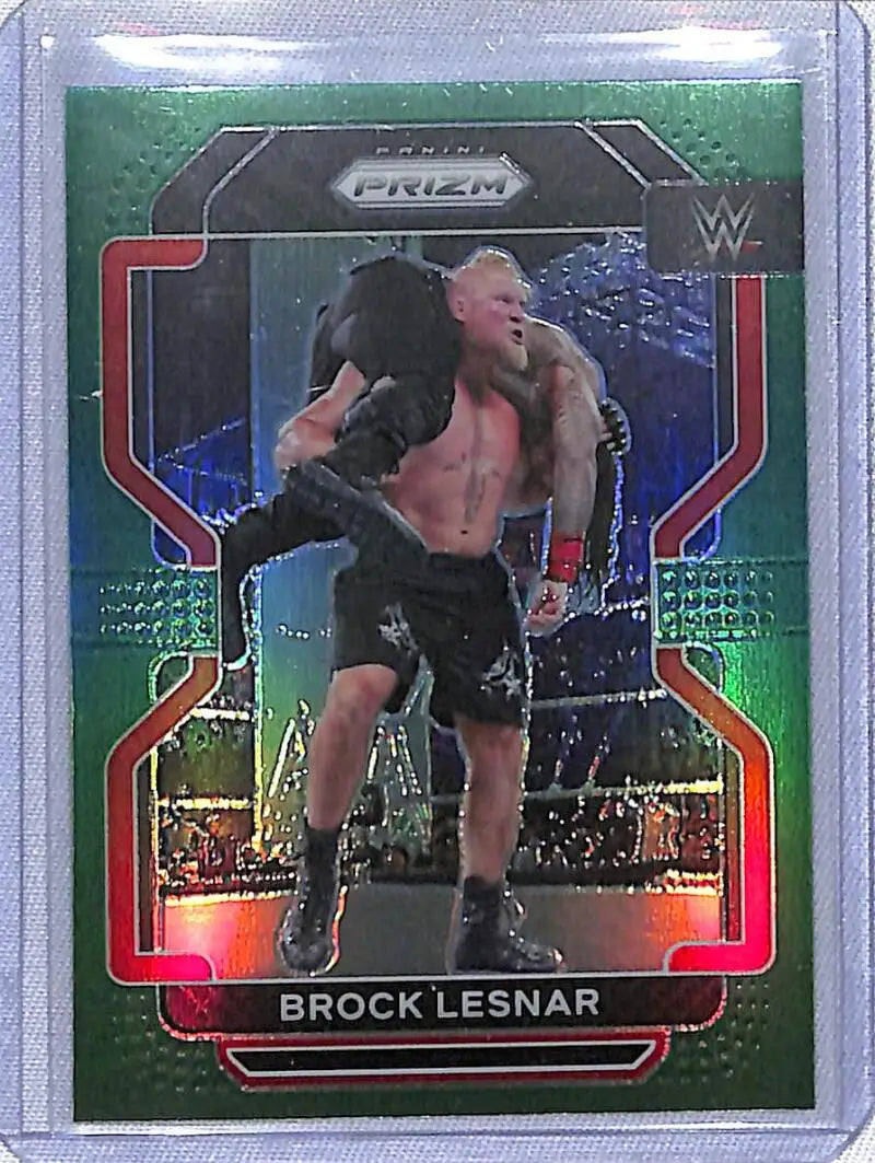 Brock Lesnar in black shorts on 2022 Panini Prizm WWE Green #135 trading card